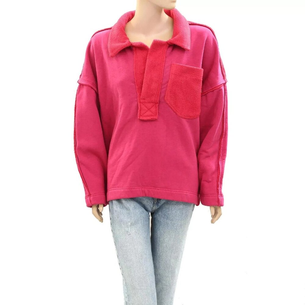 Free People Structured Polo Sweatshirt Top Slouchy Cotton Oversized S 274544